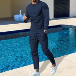 Men's Plain Basic Sweatshirts Sweatshirt Tracksuit Sweatsuit Long Sleeve Sweatshirt Henley Streetwear Basic Casual Sports & Outdoor Daily Holiday 2 Piece Spring & Fall