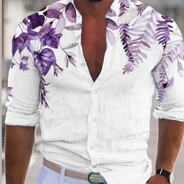 Men's Plant Shirt Linen Shirt Casual Shirt Long Sleeve Modern Contemporary Casual Hawaiian Vacation Going out Beach Summer Spring Turndown Print Button-Down Blue Purple Green Coffee