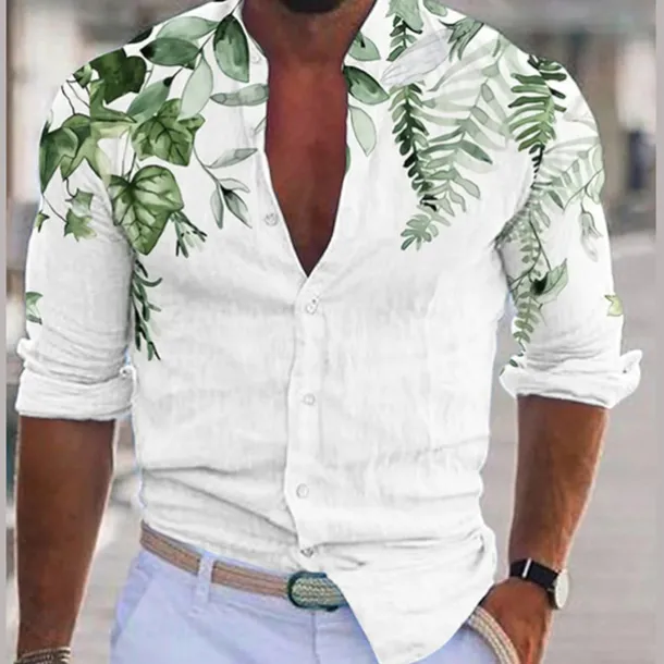 Men's Plant Shirt Linen Shirt Casual Shirt Long Sleeve Modern Contemporary Casual Hawaiian Vacation Going out Beach Summer Spring Turndown Print Button-Down Blue Purple Green Coffee