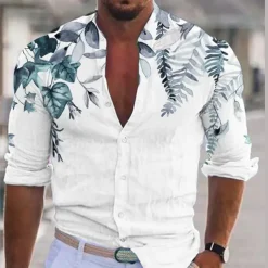 Men's Plant Shirt Linen Shirt Casual Shirt Long Sleeve Modern Contemporary Casual Hawaiian Vacation Going out Beach Summer Spring Turndown Print Button-Down Blue Purple Green Coffee