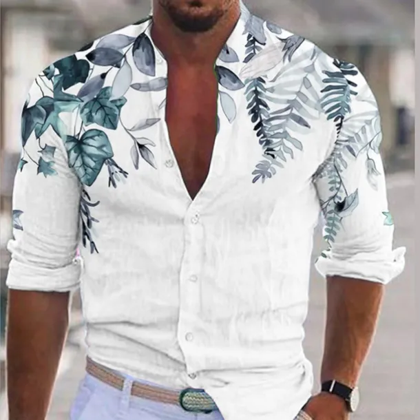 Men's Plant Shirt Linen Shirt Casual Shirt Long Sleeve Modern Contemporary Casual Hawaiian Vacation Going out Beach Summer Spring Turndown Print Button-Down Blue Purple Green Coffee