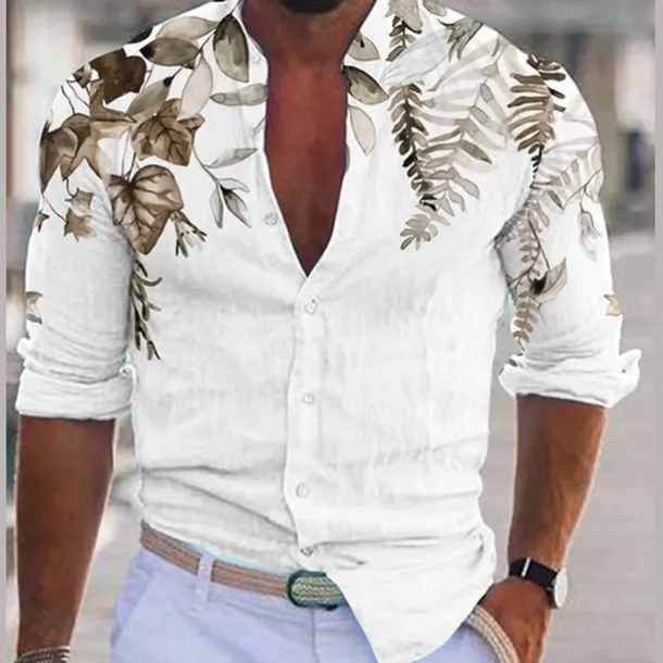 Men's Plant Shirt Linen Shirt Casual Shirt Long Sleeve Modern Contemporary Casual Hawaiian Vacation Going out Beach Summer Spring Turndown Print Button-Down Blue Purple Green Coffee