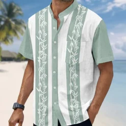 Men's Plants Bamboo Shirt Stand Collar Shirt Short Sleeve Fashion Casual Vacation Holiday Beach Wear Summer Spring Mandarin Collar Band Collar Grandad Collar Button Up 3D Print Linen Like Shirt Blue