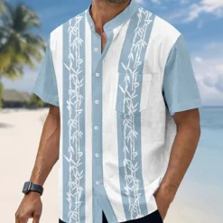 Men's Plants Bamboo Shirt Stand Collar Shirt Short Sleeve Fashion Casual Vacation Holiday Beach Wear Summer Spring Mandarin Collar Band Collar Grandad Collar Button Up 3D Print Linen Like Shirt Blue