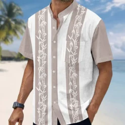 Men's Plants Bamboo Shirt Stand Collar Shirt Short Sleeve Fashion Casual Vacation Holiday Beach Wear Summer Spring Mandarin Collar Band Collar Grandad Collar Button Up 3D Print Linen Like Shirt Blue