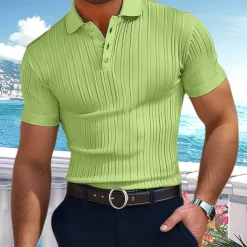 Men's Polo Golf Shirt Business Casual Ribbed Polo Collar Classic Short Sleeve Basic Modern Solid Color Knitted Ribbed Spring & Summer Regular Fit Light Blue Pink Green Polo