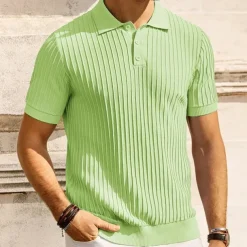 Men's Polo Golf Shirt Business Casual Ribbed Polo Collar Classic Short Sleeve Modern Old Money Style Color Block Knitted Ribbed Spring & Summer Regular Fit Light Blue Pink Green Polo