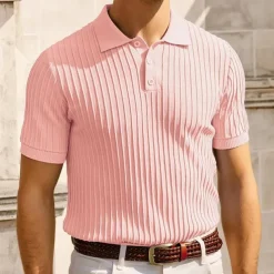 Men's Polo Golf Shirt Business Casual Ribbed Polo Collar Classic Short Sleeve Modern Old Money Style Color Block Knitted Ribbed Spring & Summer Regular Fit Light Blue Pink Green Polo