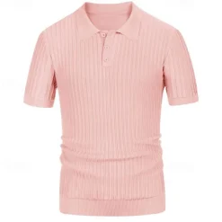 Men's Polo Golf Shirt Business Casual Ribbed Polo Collar Classic Short Sleeve Modern Old Money Style Color Block Knitted Ribbed Spring & Summer Regular Fit Light Blue Pink Green Polo