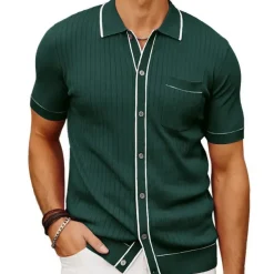 Men's Polo Knit Polo Sweater Business Casual Lapel Short Sleeve Modern Old Money Style Solid / Plain Color Button Front Summer Dark Navy Green Rose Red Polo