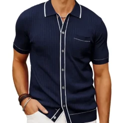Men's Polo Knit Polo Sweater Business Casual Lapel Short Sleeve Modern Old Money Style Solid / Plain Color Button Front Summer Dark Navy Green Rose Red Polo