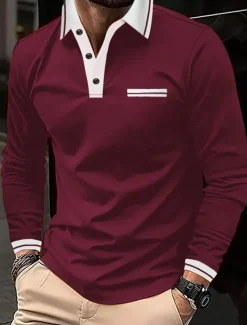 Men's Polo Shirt Button Up Polos Casual Sports Lapel Long Sleeve Fashion Basic Color Block Button Pocket Spring & Fall Regular Fit Navy Wine Dark Gray Light Grey Polo Shirt