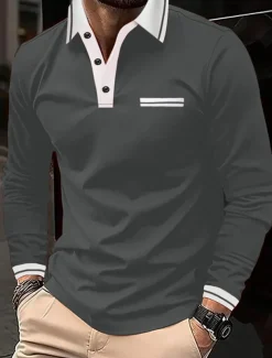 Men's Polo Shirt Button Up Polos Casual Sports Lapel Long Sleeve Fashion Basic Color Block Button Pocket Spring & Fall Regular Fit Navy Wine Dark Gray Light Grey Polo Shirt