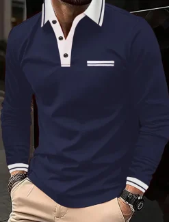 Men's Polo Shirt Button Up Polos Casual Sports Lapel Long Sleeve Fashion Basic Color Block Button Pocket Spring & Fall Regular Fit Navy Wine Dark Gray Light Grey Polo Shirt