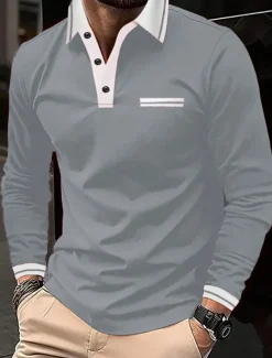 Men's Polo Shirt Button Up Polos Casual Sports Lapel Long Sleeve Fashion Basic Color Block Button Pocket Spring & Fall Regular Fit Navy Wine Dark Gray Light Grey Polo Shirt