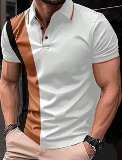 Men's Polo Shirt Button Up Polos Casual Sports Lapel Short Sleeve Fashion Basic Color Block Patchwork Summer Regular Fit Black White Red Navy Blue Dark Green Polo Shirt