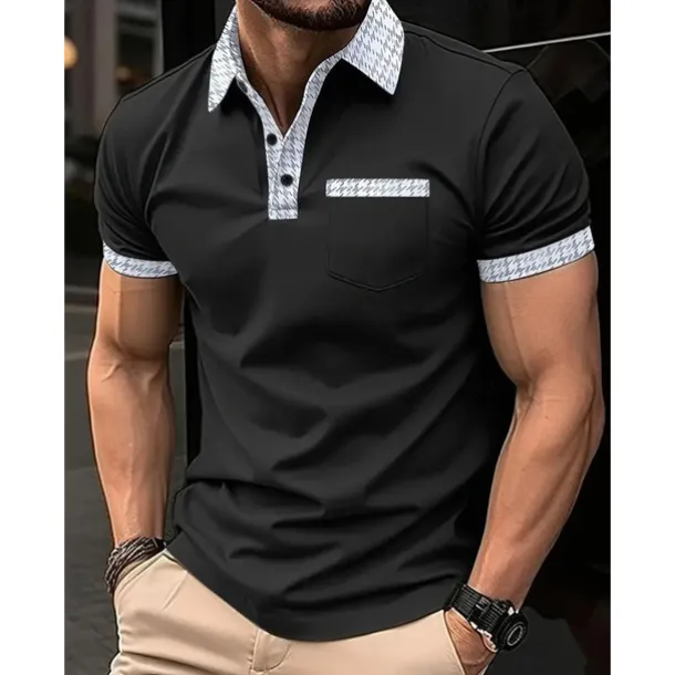 Men's Polo Shirt Button Up Polos Casual Sports Lapel Short Sleeve Fashion Basic Color Block Houndstooth Patchwork Pocket Summer Regular Fit Black White Navy Blue Blue Khaki Polo Shirt