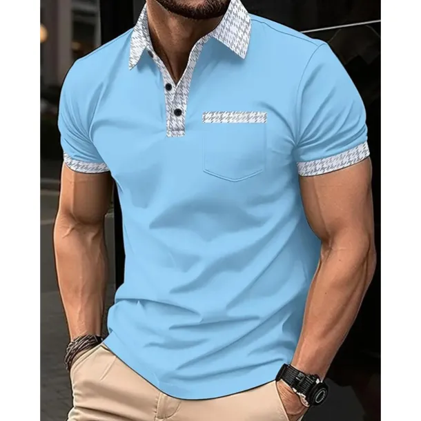 Men's Polo Shirt Button Up Polos Casual Sports Lapel Short Sleeve Fashion Basic Color Block Houndstooth Patchwork Pocket Summer Regular Fit Black White Navy Blue Blue Khaki Polo Shirt