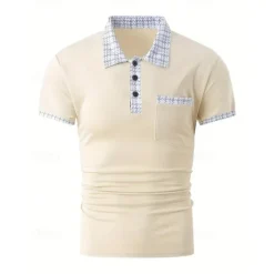 Men's Polo Shirt Button Up Polos Casual Sports Lapel Short Sleeve Fashion Basic Color Block Houndstooth Patchwork Pocket Summer Regular Fit Black White Navy Blue Blue Khaki Polo Shirt