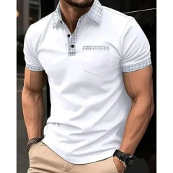 Men's Polo Shirt Button Up Polos Casual Sports Lapel Short Sleeve Fashion Basic Color Block Houndstooth Patchwork Pocket Summer Regular Fit Black White Navy Blue Blue Khaki Polo Shirt