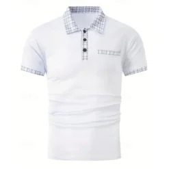 Men's Polo Shirt Button Up Polos Casual Sports Lapel Short Sleeve Fashion Basic Color Block Houndstooth Patchwork Pocket Summer Regular Fit Black White Navy Blue Blue Khaki Polo Shirt