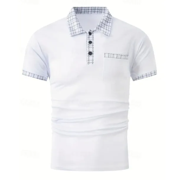 Men's Polo Shirt Button Up Polos Casual Sports Lapel Short Sleeve Fashion Basic Color Block Houndstooth Patchwork Pocket Summer Regular Fit Black White Navy Blue Blue Khaki Polo Shirt