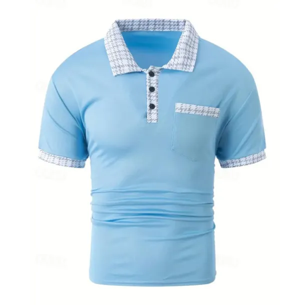 Men's Polo Shirt Button Up Polos Casual Sports Lapel Short Sleeve Fashion Basic Color Block Houndstooth Patchwork Pocket Summer Regular Fit Black White Navy Blue Blue Khaki Polo Shirt