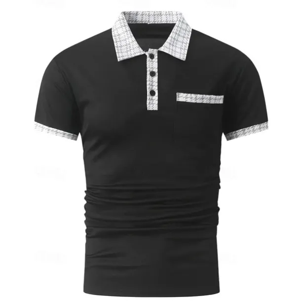 Men's Polo Shirt Button Up Polos Casual Sports Lapel Short Sleeve Fashion Basic Color Block Houndstooth Patchwork Pocket Summer Regular Fit Black White Navy Blue Blue Khaki Polo Shirt