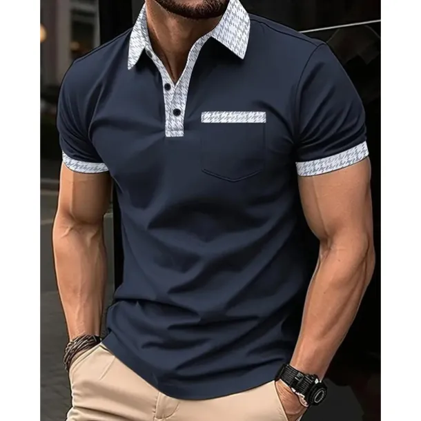 Men's Polo Shirt Button Up Polos Casual Sports Lapel Short Sleeve Fashion Basic Color Block Houndstooth Patchwork Pocket Summer Regular Fit Black White Navy Blue Blue Khaki Polo Shirt