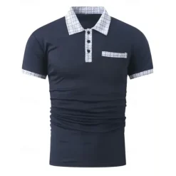 Men's Polo Shirt Button Up Polos Casual Sports Lapel Short Sleeve Fashion Basic Color Block Houndstooth Patchwork Pocket Summer Regular Fit Black White Navy Blue Blue Khaki Polo Shirt