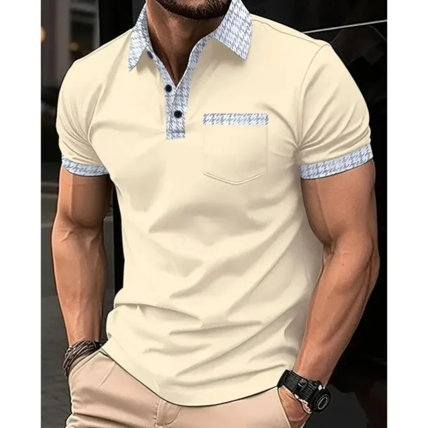 Men's Polo Shirt Button Up Polos Casual Sports Lapel Short Sleeve Fashion Basic Color Block Houndstooth Patchwork Pocket Summer Regular Fit Black White Navy Blue Blue Khaki Polo Shirt