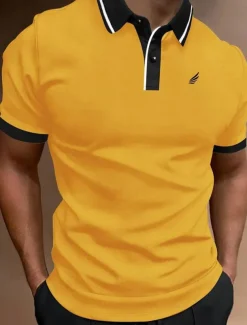 Men's Polo Shirt Button Up Polos Casual Sports Lapel Short Sleeve Fashion Basic Color Block Patchwork Embroidered Summer Regular Fit Black White Yellow Wine Blue Dark Green Polo Shirt