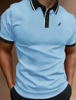 Men's Polo Shirt Button Up Polos Casual Sports Lapel Short Sleeve Fashion Basic Color Block Patchwork Embroidered Summer Regular Fit Black White Yellow Wine Blue Dark Green Polo Shirt