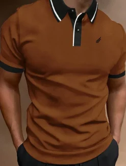 Men's Polo Shirt Button Up Polos Casual Sports Lapel Short Sleeve Fashion Basic Color Block Patchwork Embroidered Summer Regular Fit Black White Yellow Wine Blue Dark Green Polo Shirt