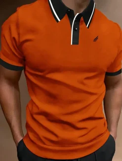 Men's Polo Shirt Button Up Polos Casual Sports Lapel Short Sleeve Fashion Basic Color Block Patchwork Embroidered Summer Regular Fit Black White Yellow Wine Blue Dark Green Polo Shirt