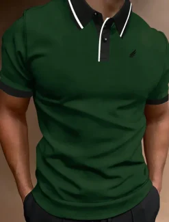 Men's Polo Shirt Button Up Polos Casual Sports Lapel Short Sleeve Fashion Basic Color Block Patchwork Embroidered Summer Regular Fit Black White Yellow Wine Blue Dark Green Polo Shirt