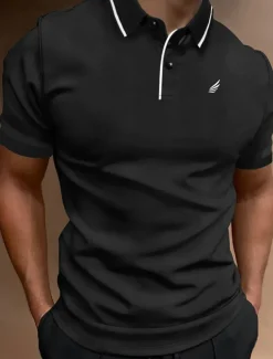 Men's Polo Shirt Button Up Polos Casual Sports Lapel Short Sleeve Fashion Basic Color Block Patchwork Embroidered Summer Regular Fit Black White Yellow Wine Blue Dark Green Polo Shirt