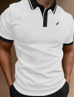 Men's Polo Shirt Button Up Polos Casual Sports Lapel Short Sleeve Fashion Basic Color Block Patchwork Embroidered Summer Regular Fit Black White Yellow Wine Blue Dark Green Polo Shirt
