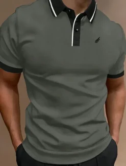 Men's Polo Shirt Button Up Polos Casual Sports Lapel Short Sleeve Fashion Basic Color Block Patchwork Embroidered Summer Regular Fit Black White Yellow Wine Blue Dark Green Polo Shirt