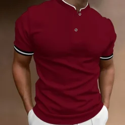 Men's Polo Shirt Collarless Golf Shirts Casual Holiday Stand Collar Short Sleeve Fashion Basic Plain Button Summer Regular Fit Black White Burgundy Polo Shirt