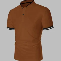 Men's Polo Shirt Collarless Golf Shirts Casual Holiday Stand Collar Short Sleeve Fashion Basic Plain Button Summer Regular Fit Black White Burgundy Polo Shirt