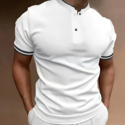 Men's Polo Shirt Collarless Golf Shirts Casual Holiday Stand Collar Short Sleeve Fashion Basic Plain Button Summer Regular Fit Black White Burgundy Polo Shirt