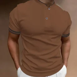 Men's Polo Shirt Collarless Golf Shirts Casual Holiday Stand Collar Short Sleeve Fashion Basic Plain Button Summer Regular Fit Black White Burgundy Polo Shirt