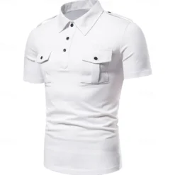 Men's Polo Shirt Golf Shirt Work Casual Lapel Short Sleeve Basic Modern Solid Color Patchwork Button Spring & Summer Regular Fit Black White Grey Polo Shirt