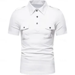 Men's Polo Shirt Golf Shirt Work Casual Lapel Short Sleeve Basic Modern Solid Color Patchwork Button Spring & Summer Regular Fit Black White Grey Polo Shirt