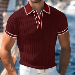 Men's Polo Shirt Golf Shirt Work Casual Lapel Ribbed Polo Collar Short Sleeve Basic Modern Color Block Patchwork Button Spring & Summer Regular Fit Light Blue White Burgundy Navy Blue Gray Polo Shirt