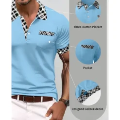 Men's Polo Shirt Golf Shirt Casual Holiday Lapel Short Sleeve Fashion Basic Houndstooth Plaid / Check Patchwork Pocket Summer Regular Fit Dark Grey White Sky Blue Orange Khaki Polo Shirt