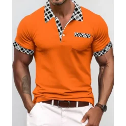 Men's Polo Shirt Golf Shirt Casual Holiday Lapel Short Sleeve Fashion Basic Houndstooth Plaid / Check Patchwork Pocket Summer Regular Fit Dark Grey White Sky Blue Orange Khaki Polo Shirt