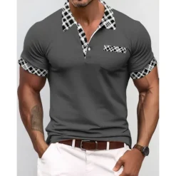 Men's Polo Shirt Golf Shirt Casual Holiday Lapel Short Sleeve Fashion Basic Houndstooth Plaid / Check Patchwork Pocket Summer Regular Fit Dark Grey White Sky Blue Orange Khaki Polo Shirt