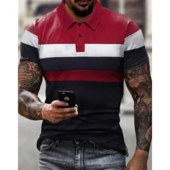 Men's Polo Shirt Golf Shirt Striped Graphic Prints Turndown Black Red Gray Outdoor Street Short Sleeves Button-Down Print Clothing Apparel Sports Fashion Streetwear Designer
